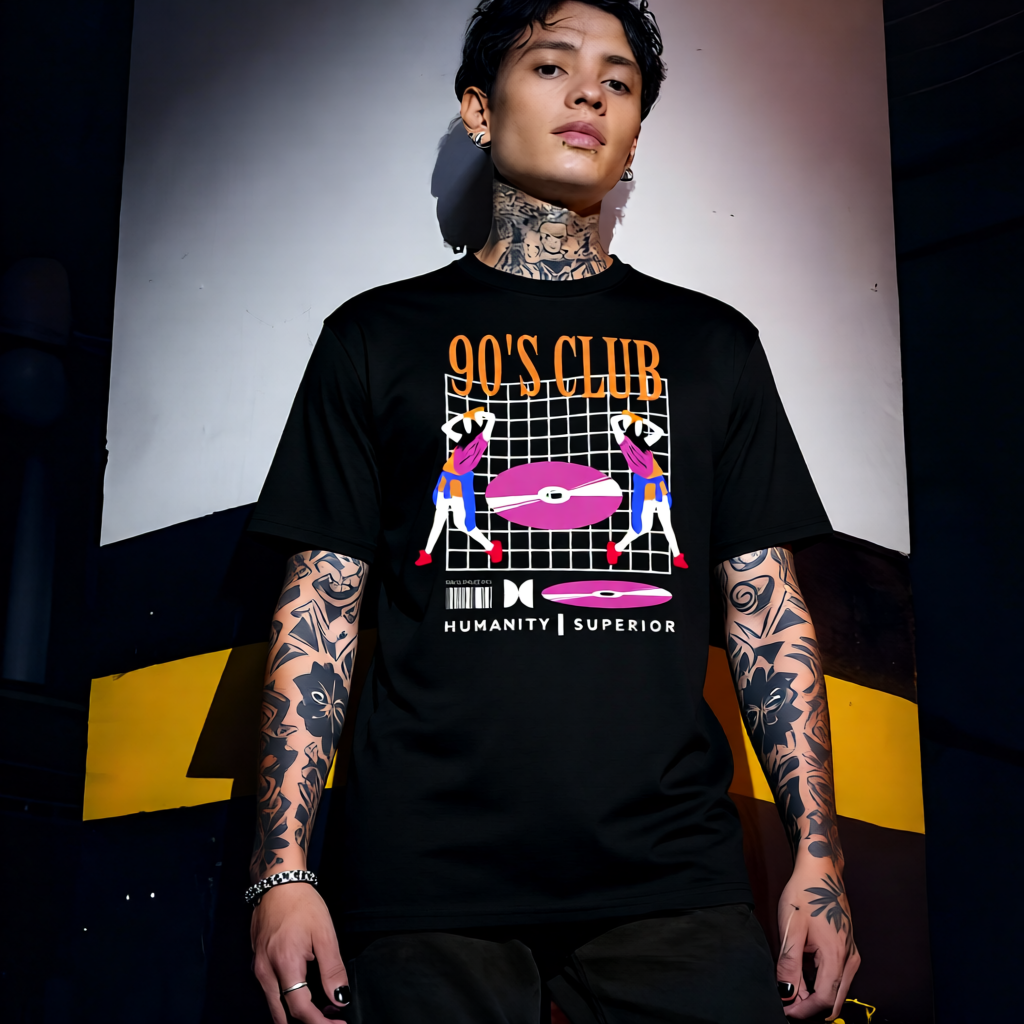 Unisex 90s vintage mono tone graphic T-shirt with bold full print, no halftones, authentic retro streetwear style