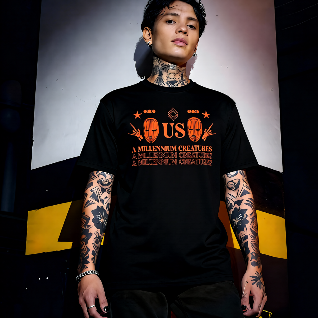 Unisex 90s vintage mono tone graphic T-shirt with bold full print, no halftones, authentic retro streetwear style