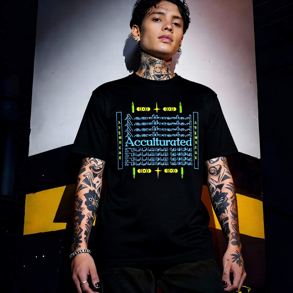 Unisex 90s vintage mono tone graphic T-shirt with bold full print, no halftones, authentic retro streetwear style