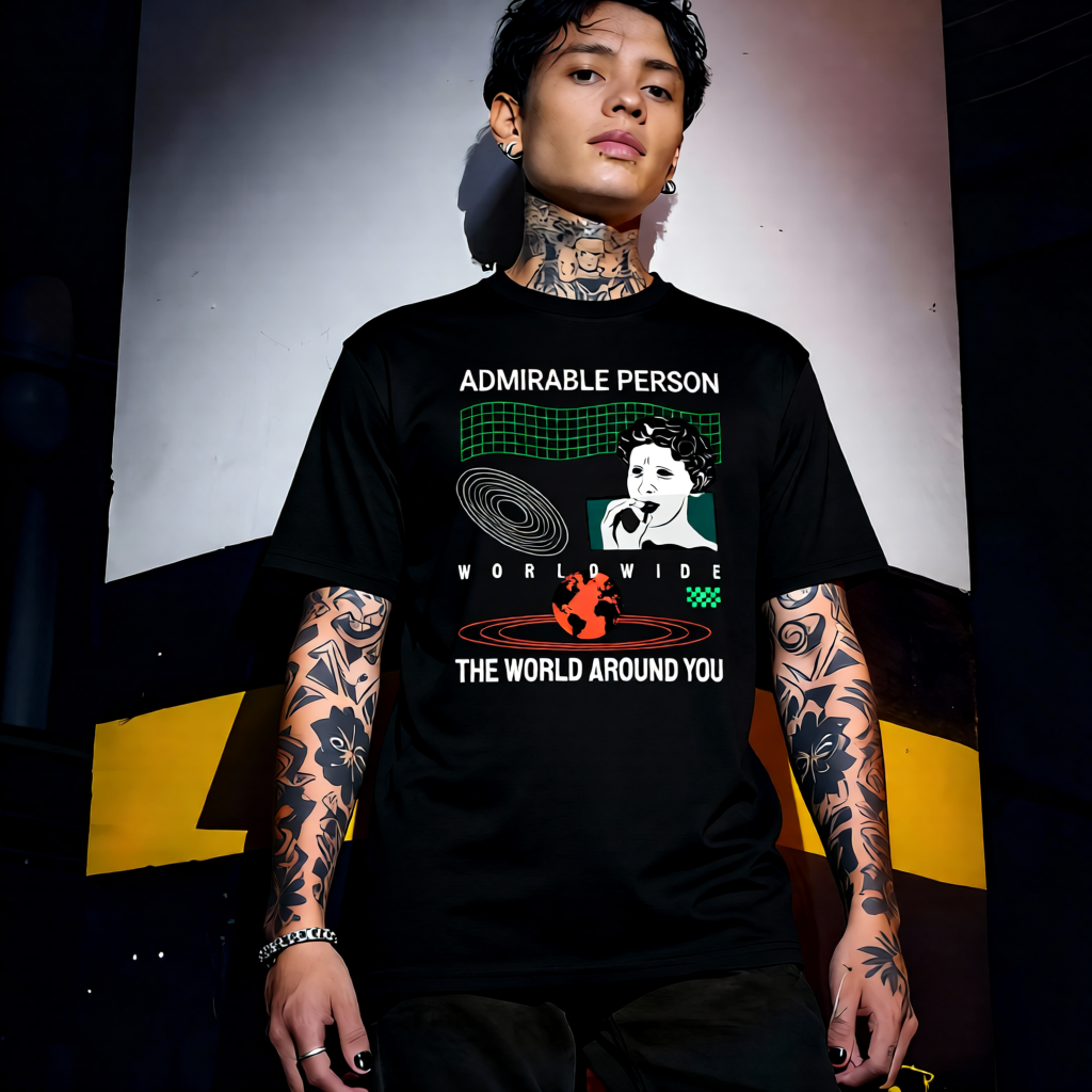 Unisex 90s vintage mono tone graphic T-shirt with bold full print, no halftones, authentic retro streetwear style