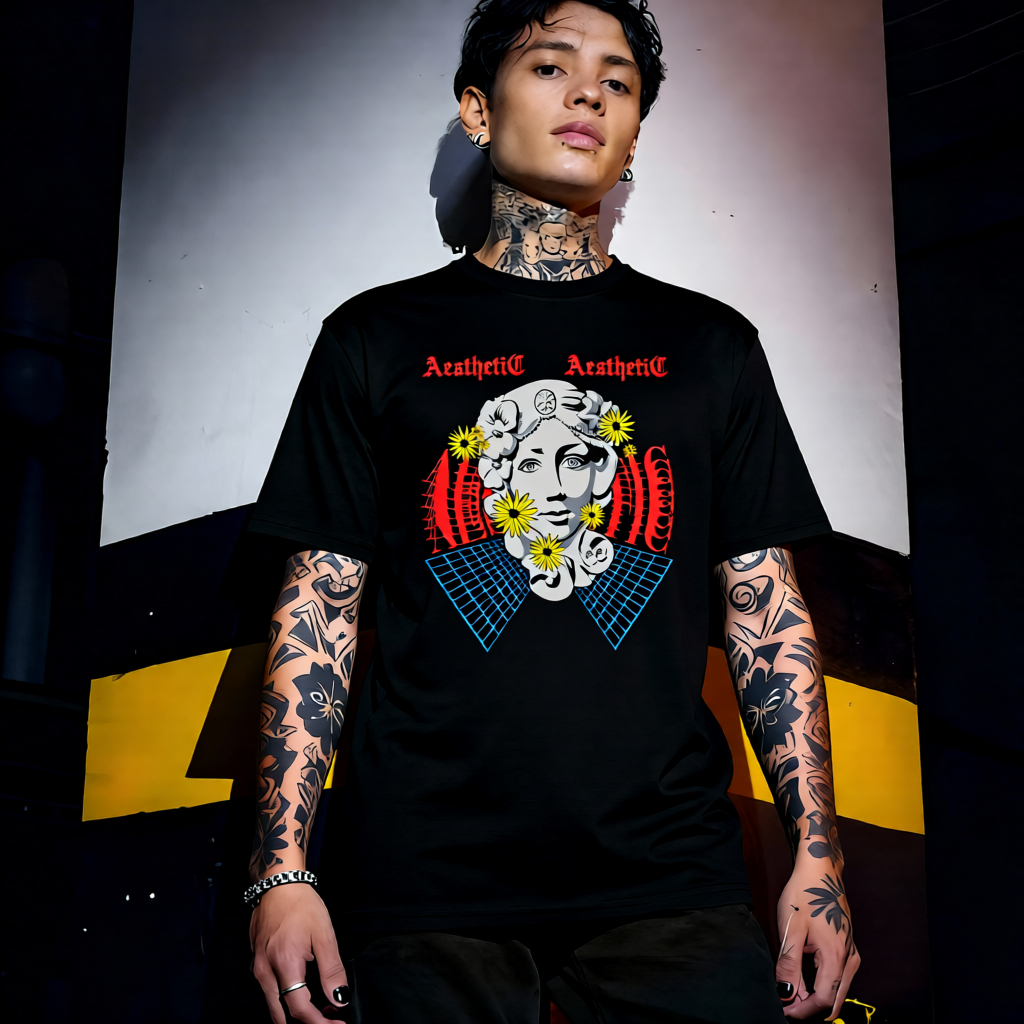 Unisex 90s vintage mono tone graphic T-shirt with bold full print, no halftones, authentic retro streetwear style