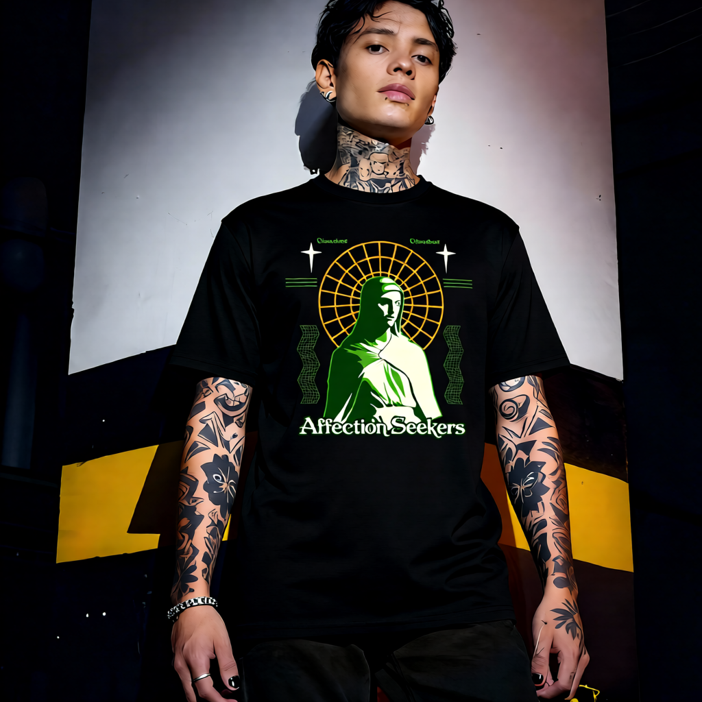 Unisex 90s vintage mono tone graphic T-shirt with bold full print, no halftones, authentic retro streetwear style