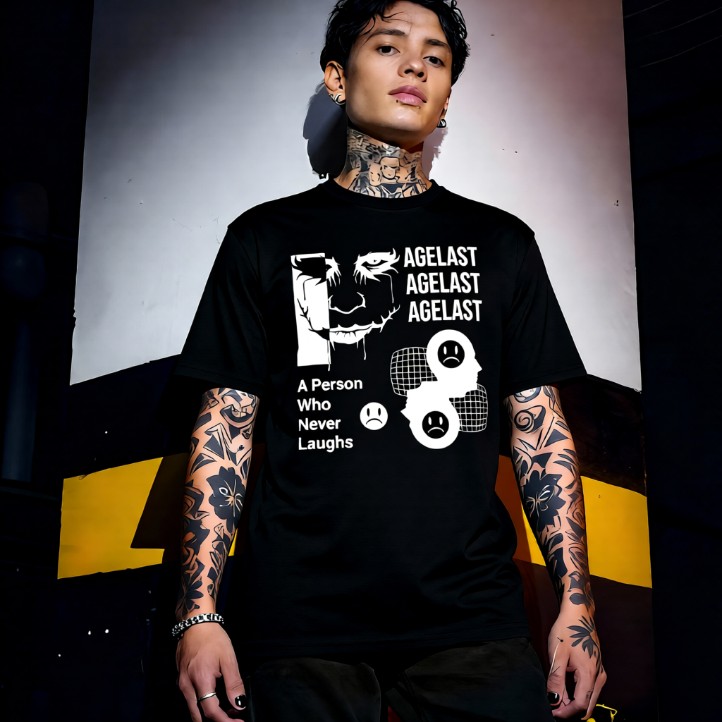 Unisex 90s vintage mono tone graphic T-shirt with bold full print, no halftones, authentic retro streetwear style