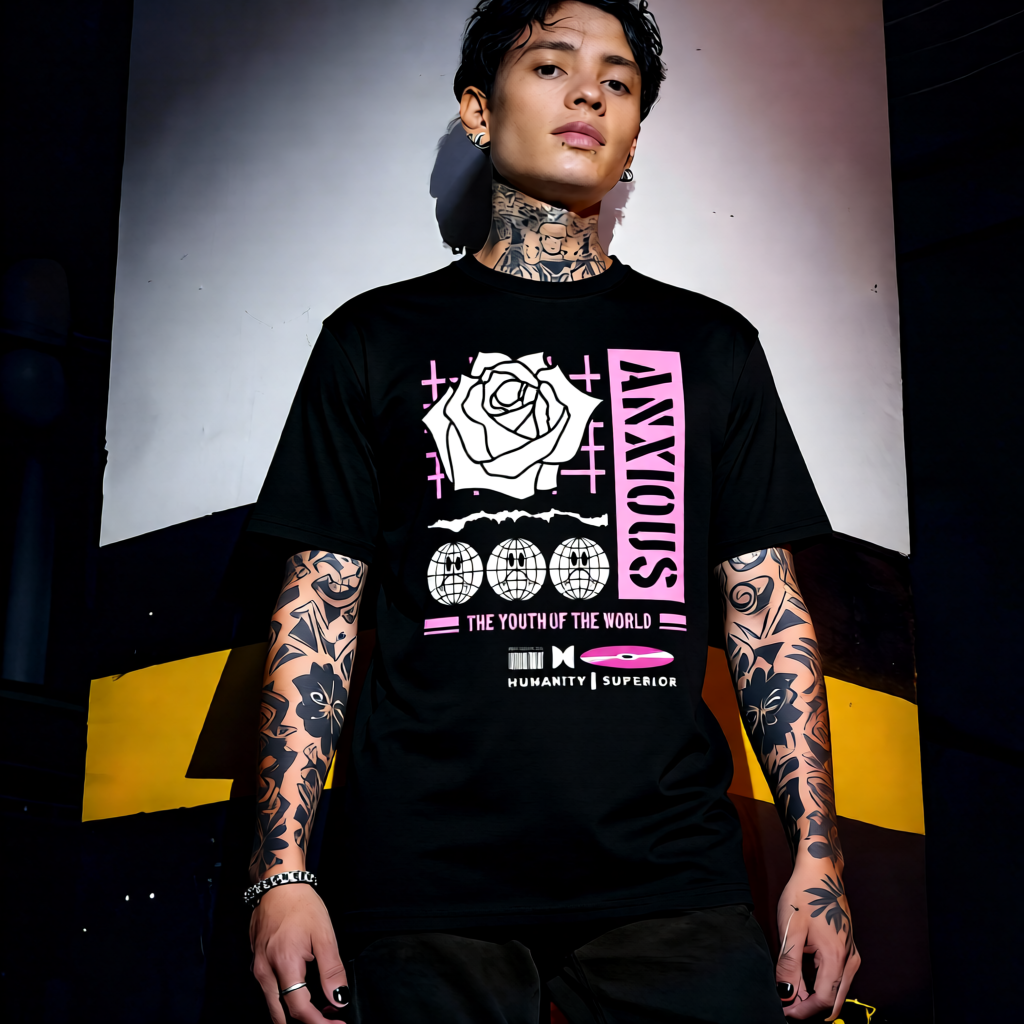 Unisex 90s vintage mono tone graphic T-shirt with bold full print, no halftones, authentic retro streetwear style