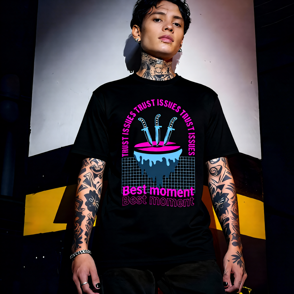 Unisex 90s vintage mono tone graphic T-shirt with bold full print, no halftones, authentic retro streetwear style