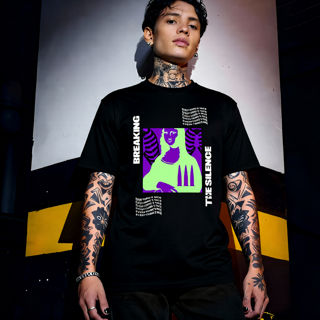 Unisex 90s vintage mono tone graphic T-shirt with bold full print, no halftones, authentic retro streetwear style
