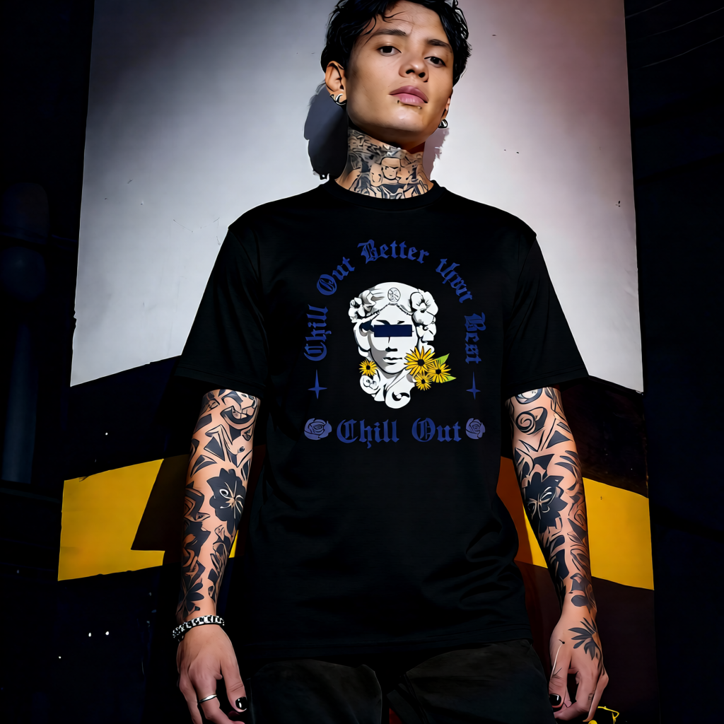 Unisex 90s vintage mono tone graphic T-shirt with bold full print, no halftones, authentic retro streetwear style