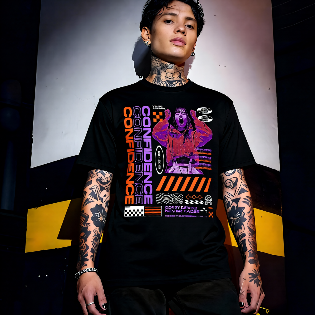 Unisex 90s vintage mono tone graphic T-shirt with bold full print, no halftones, authentic retro streetwear style