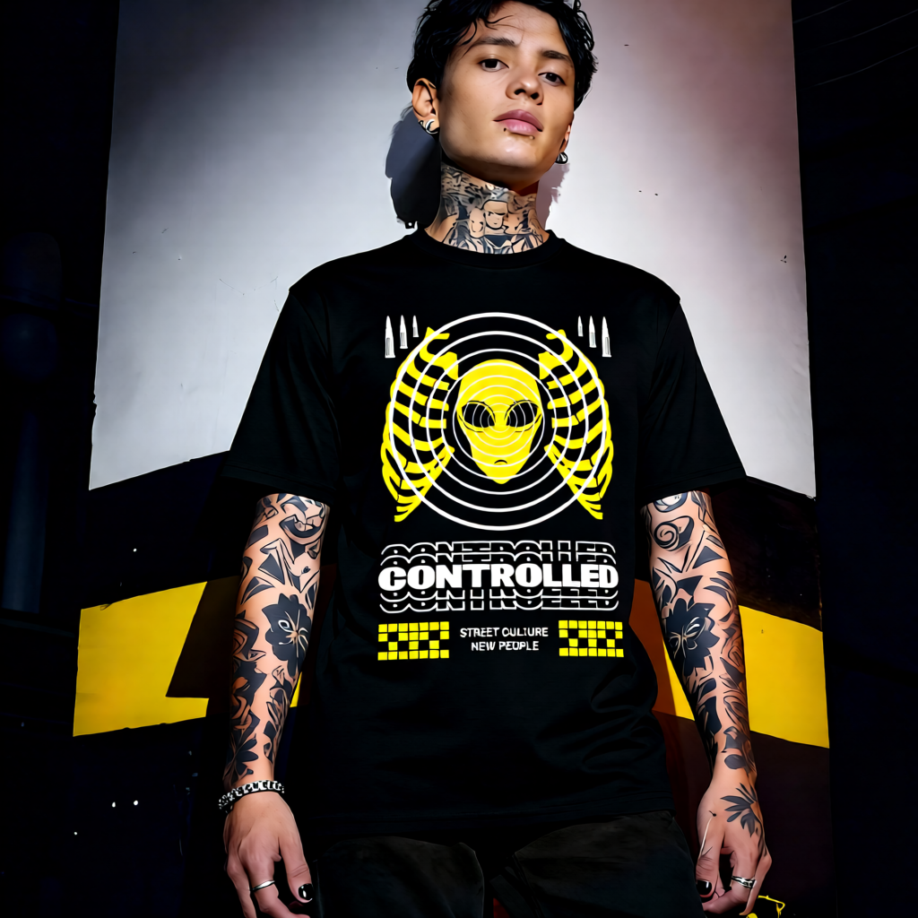 Unisex 90s vintage mono tone graphic T-shirt with bold full print, no halftones, authentic retro streetwear style