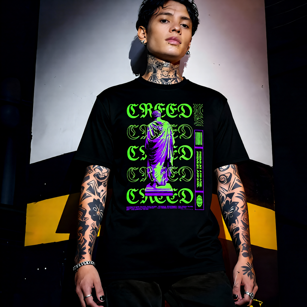 Unisex 90s vintage mono tone graphic T-shirt with bold full print, no halftones, authentic retro streetwear style