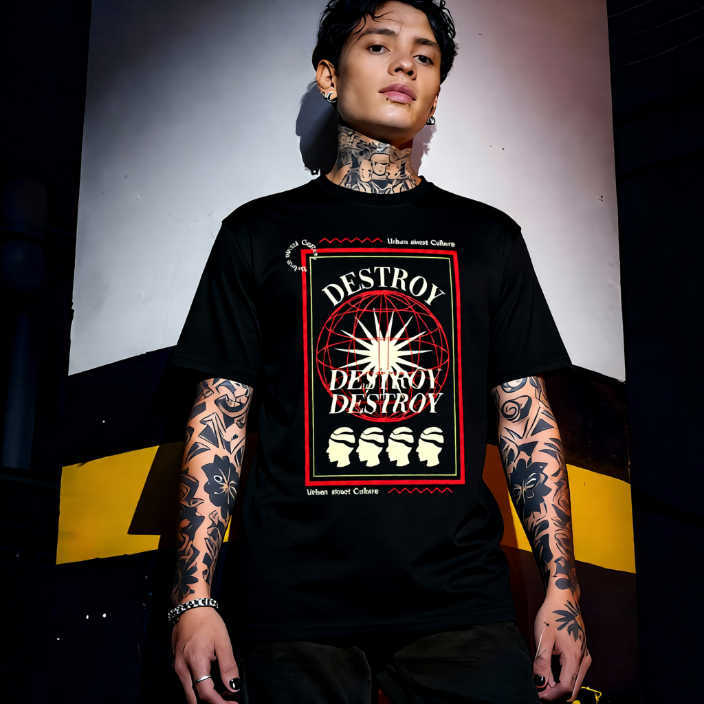 Unisex 90s vintage mono tone graphic T-shirt with bold full print, no halftones, authentic retro streetwear style