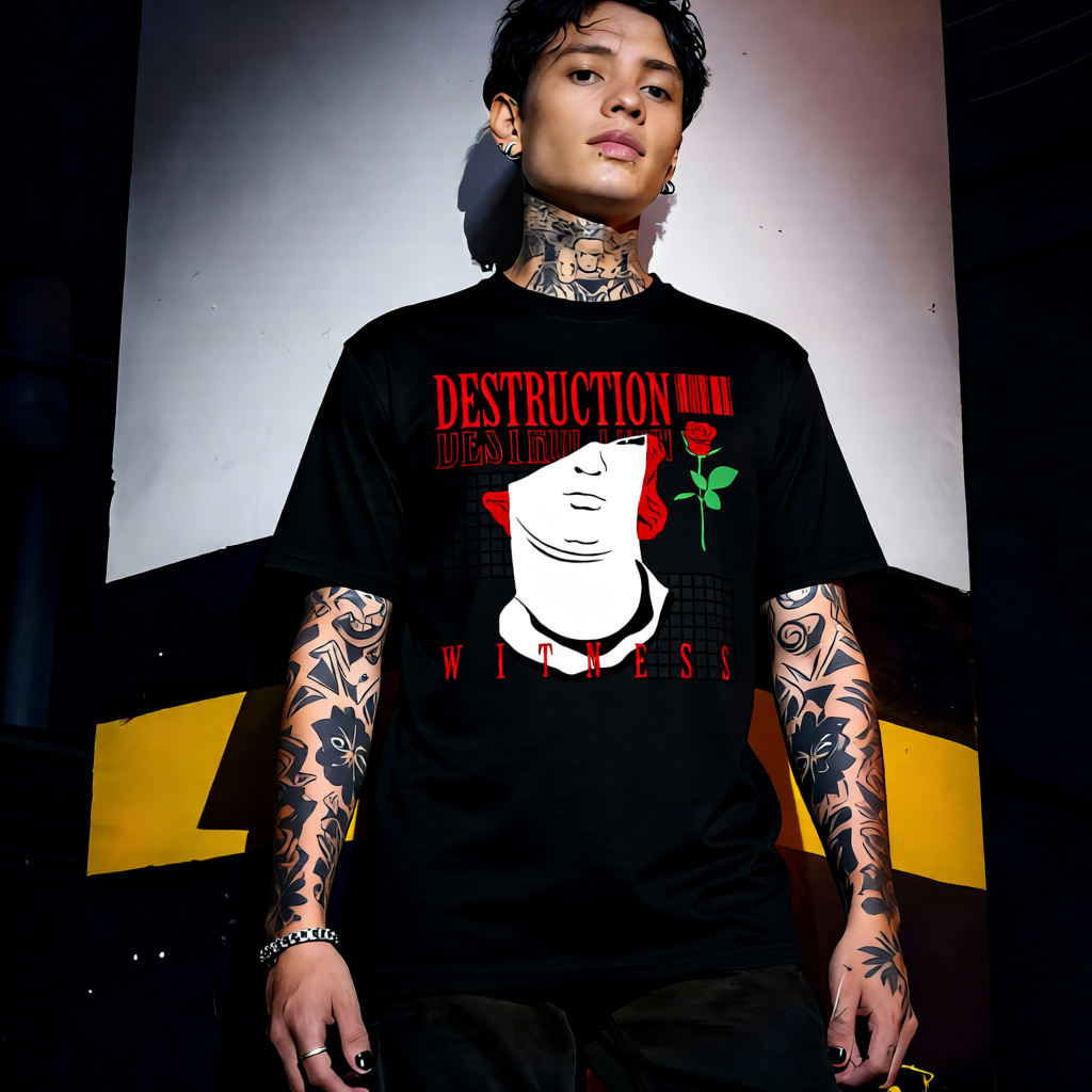 Unisex 90s vintage mono tone graphic T-shirt with bold full print, no halftones, authentic retro streetwear style