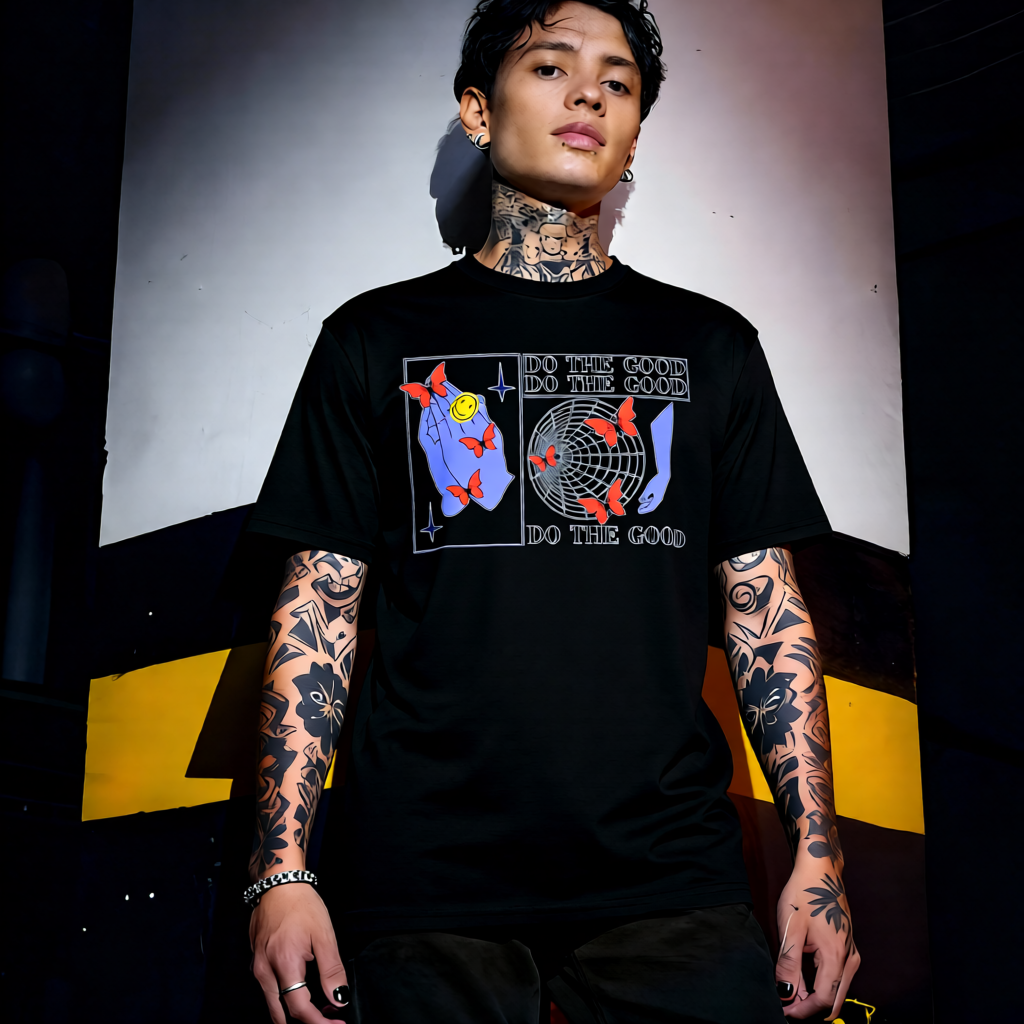 Unisex 90s vintage mono tone graphic T-shirt with bold full print, no halftones, authentic retro streetwear style