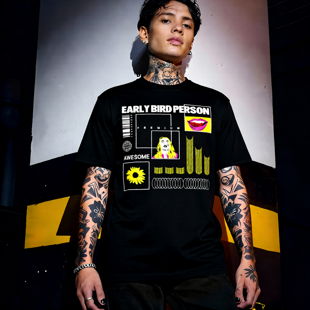 Unisex 90s vintage mono tone graphic T-shirt with bold full print, no halftones, authentic retro streetwear style