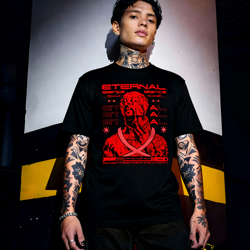 Unisex 90s vintage mono tone graphic T-shirt with bold full print, no halftones, authentic retro streetwear style