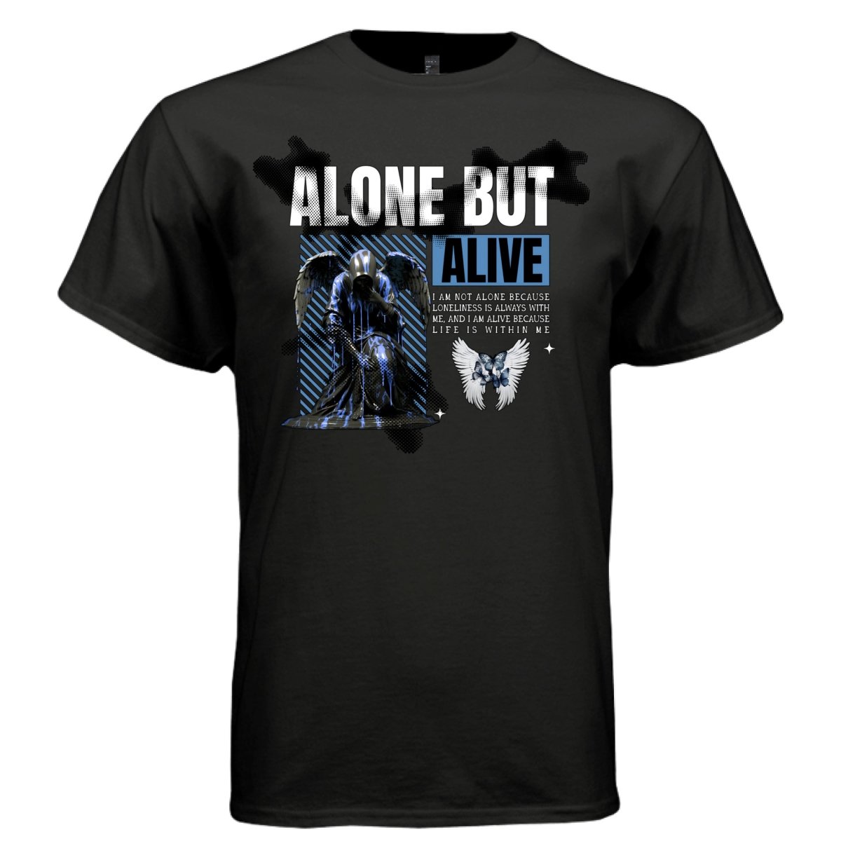 ALONE BUT ALIVE Dark Reaper Graphic T-Shirt | Cyber Goth Streetwear | Electric Blue Butterfly | Project Hood | 51 - Project Hood