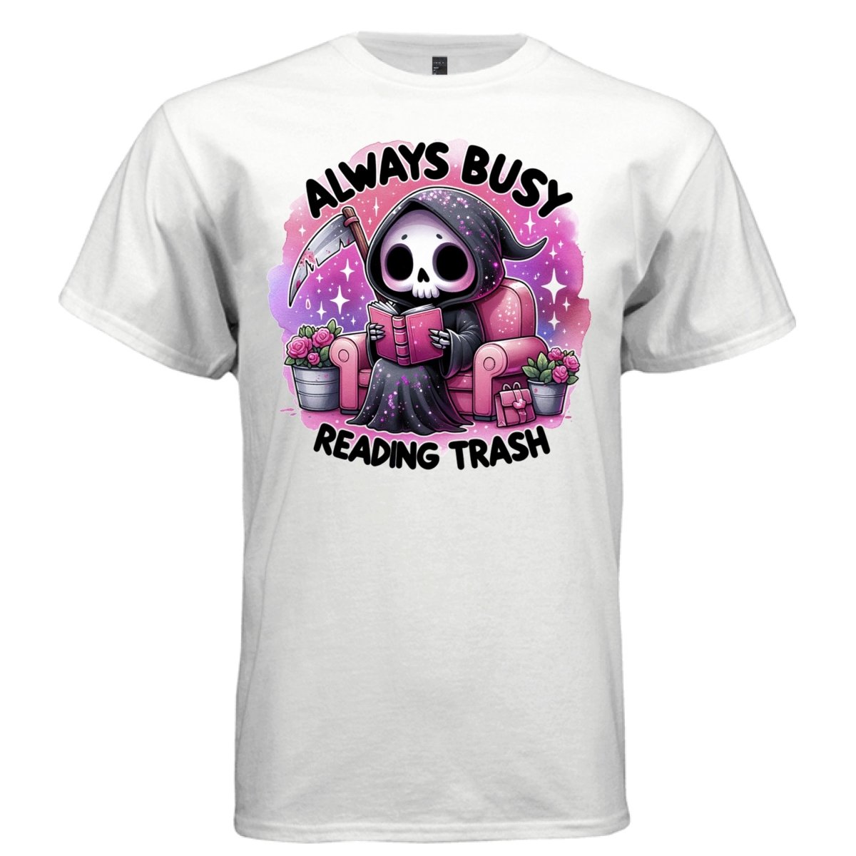 ALWAYS BUSY READING TRASH Pastel Goth Bookworm Reaper Graphic T-Shirt | Bookish Tee 420 - Project Hood