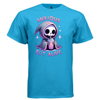 ANXIOUS BUT ALIVE Cute Reaper Anxiety Humor Graphic T-Shirt | Cute Goth Tee 422 - Project Hood
