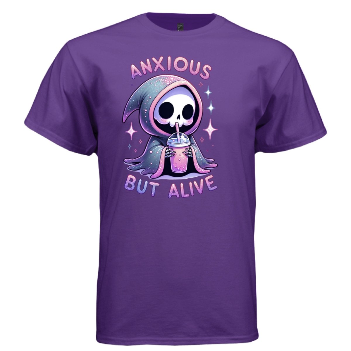 ANXIOUS BUT ALIVE Cute Reaper Anxiety Humor Graphic T-Shirt | Cute Goth Tee 422 - Project Hood