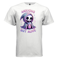 ANXIOUS BUT ALIVE Cute Reaper Anxiety Humor Graphic T-Shirt | Cute Goth Tee 422 - Project Hood