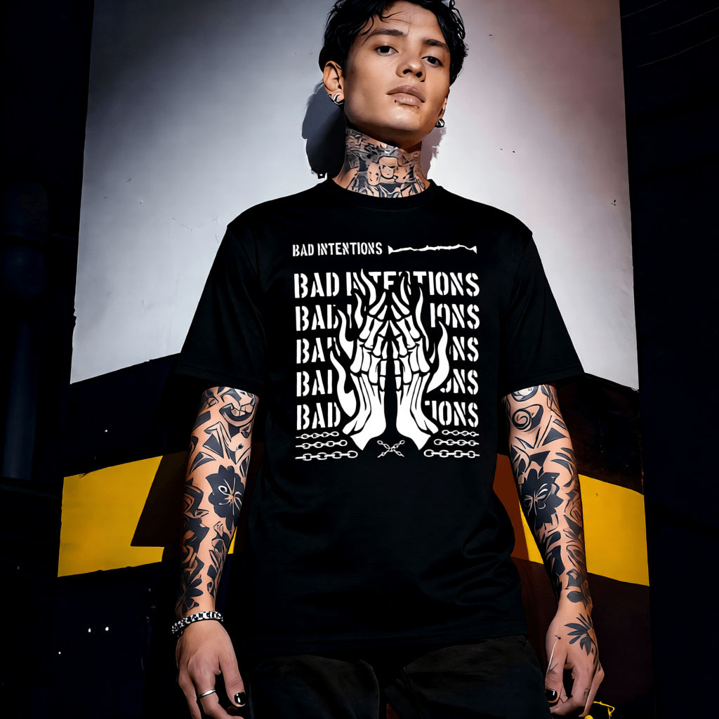 BAD INTENTIONS Y2K Praying Skeleton Hands Graphic T-Shirt | Unisex Streetwear 250 - Project Hood