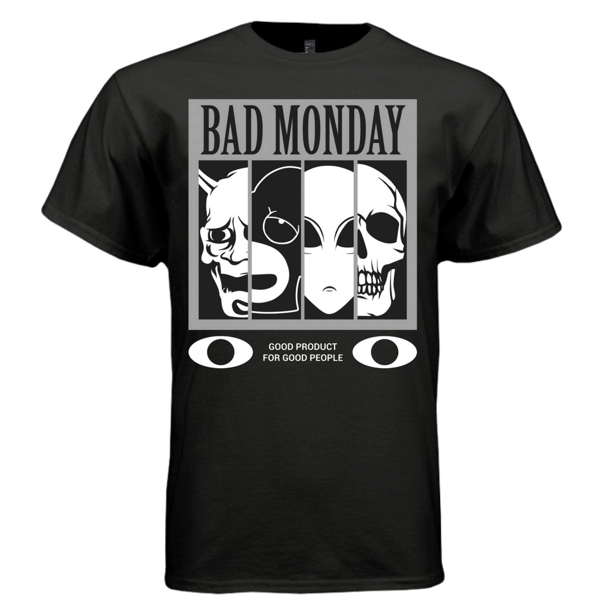 BAD MONDAY Black and White Four Faces Graphic T-Shirt | Unisex Streetwear 252 - Project Hood