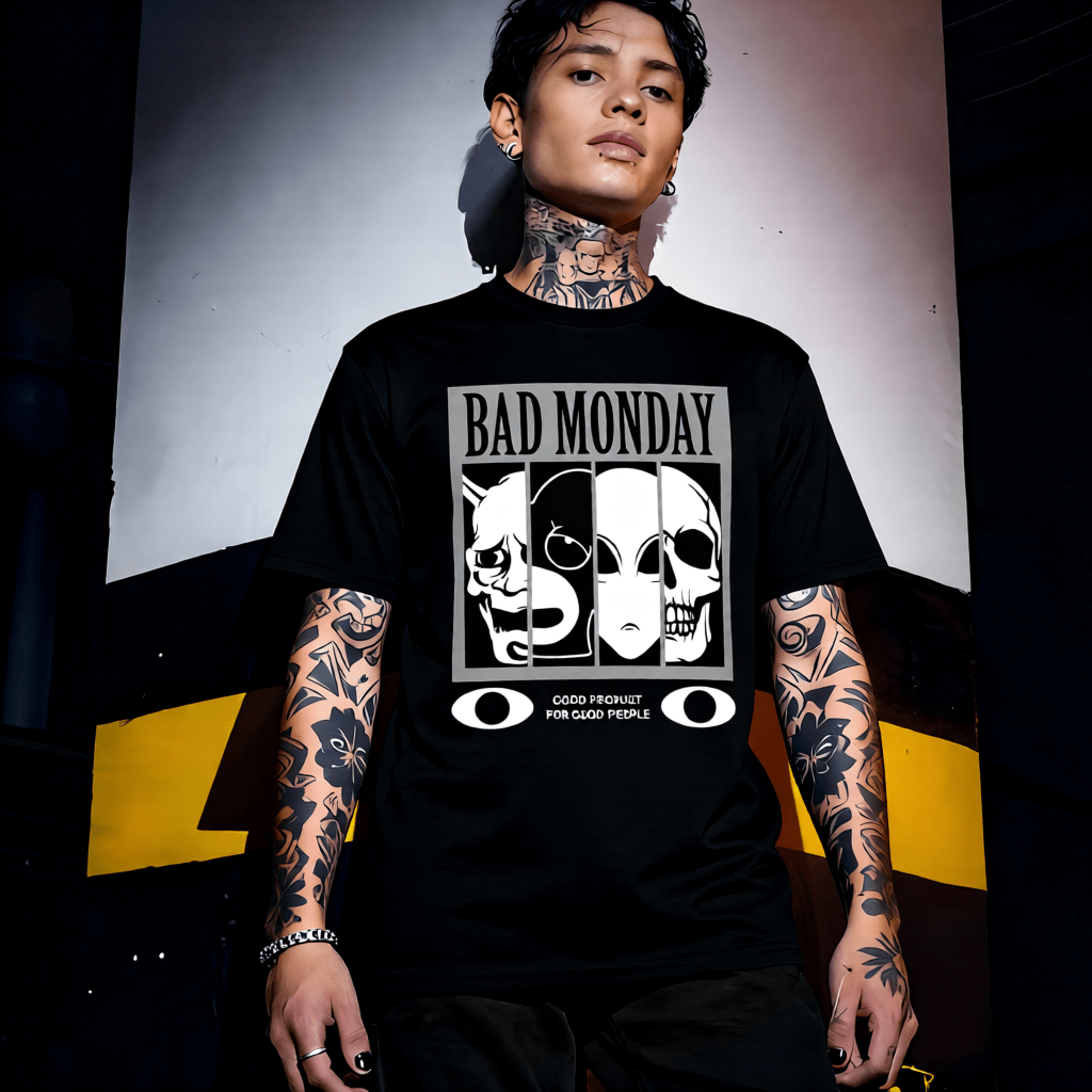 BAD MONDAY Black and White Four Faces Graphic T-Shirt | Unisex Streetwear 252 - Project Hood