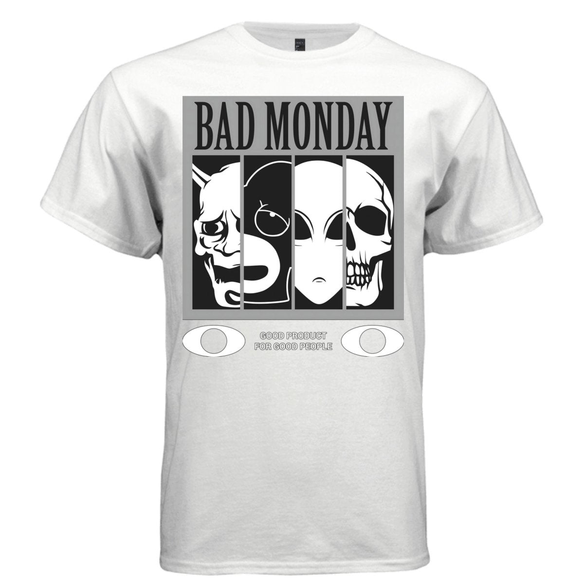 BAD MONDAY Black and White Four Faces Graphic T-Shirt | Unisex Streetwear 252 - Project Hood