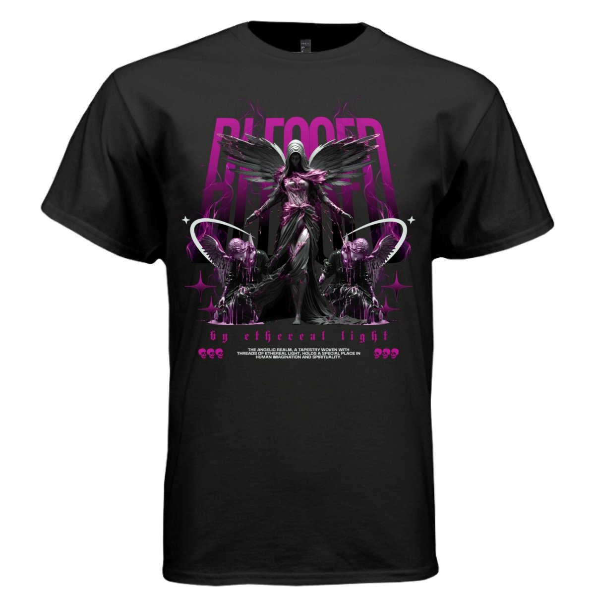 Blessed by Ethereal Light Angel Graphic T-Shirt | Dark Aesthetic Streetwear | The Angelic Realm Holds a Special Place in Human Imagination and Spirituality | Project Hood 29 - Project Hood