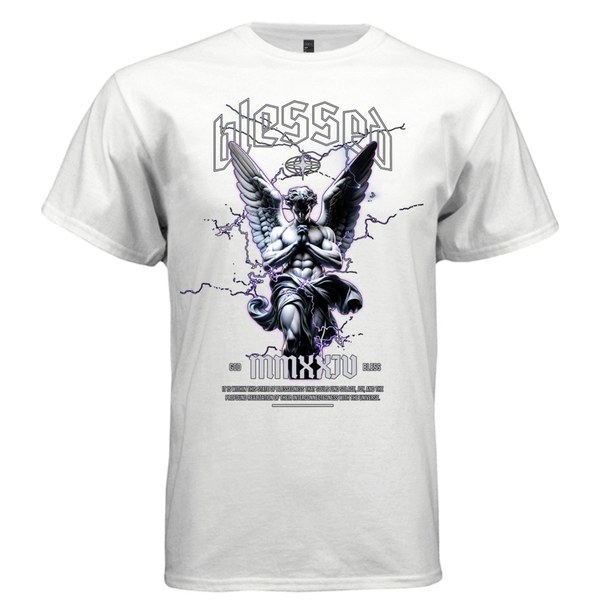 BLESSED MMXXIV Praying Angel Graphic T-Shirt | Purple Lightning Streetwear | EST BLISS | Project Hood | 70 - Project Hood