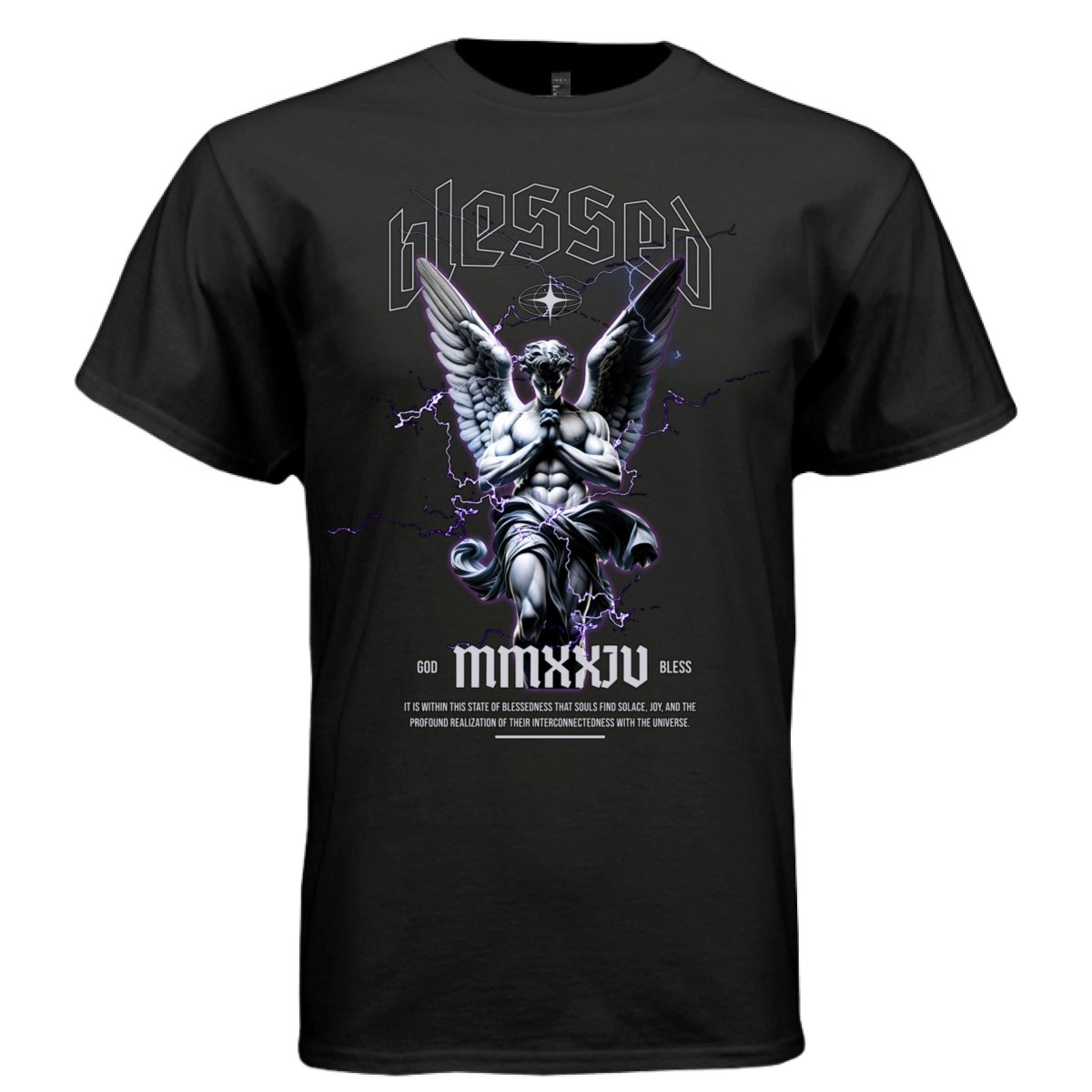 BLESSED MMXXIV Praying Angel Graphic T-Shirt | Purple Lightning Streetwear | EST BLISS | Project Hood | 70 - Project Hood