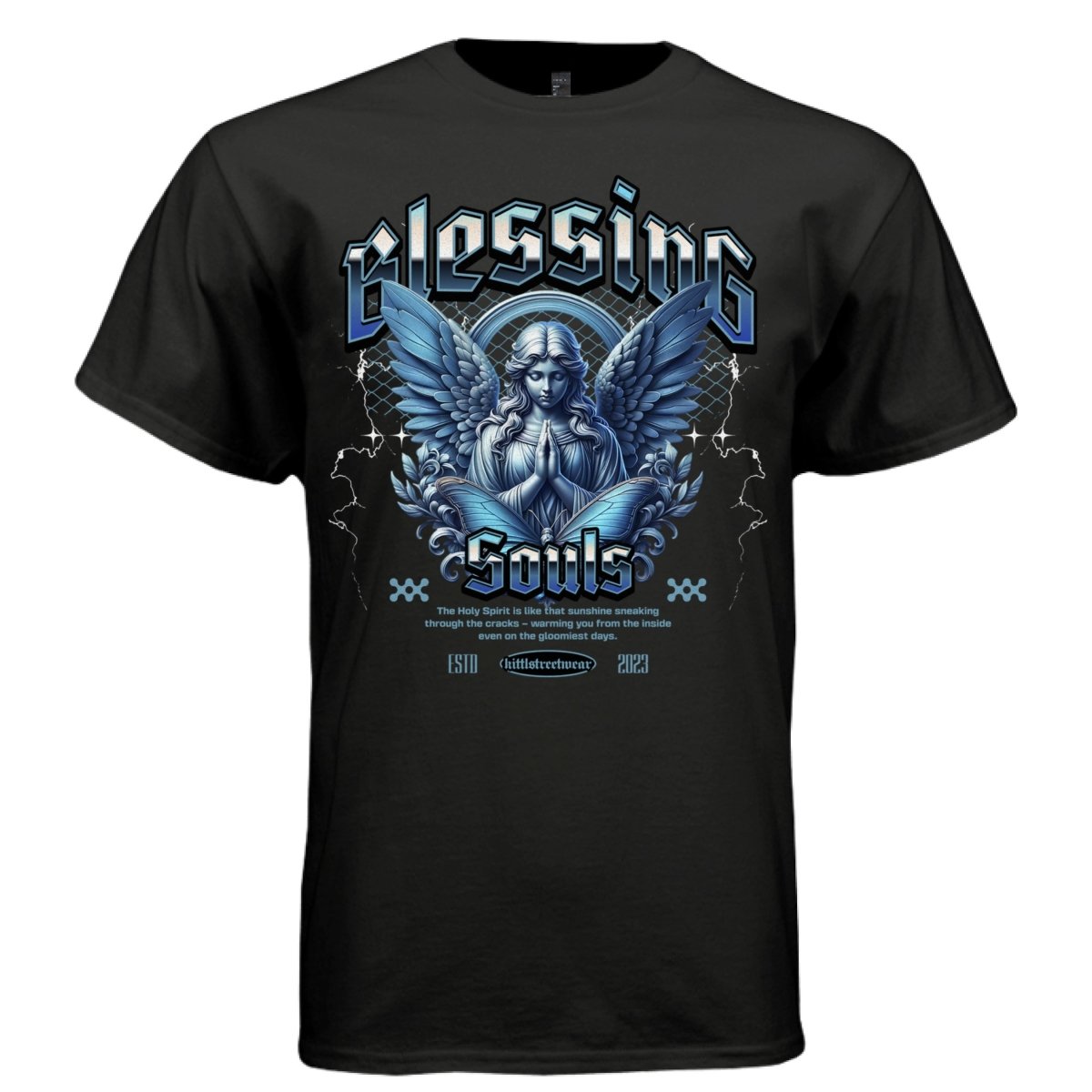 BLESSING SOULS Praying Angel Blue Wings Oversized Streetwear T-Shirt | Project Hood 141 - Project Hood