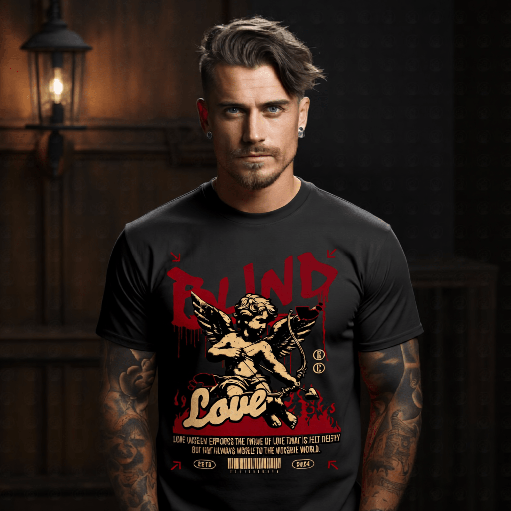 BLIND LOVE Cupid Flames Dark Romance Oversized Streetwear T-Shirt | Project Hood 85 - Project Hood
