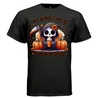 MY BLOOD TYPE IS PUMPKIN SPICE graphic tee sand front, cute pastel goth pumpkin spice fall tee Project Hood