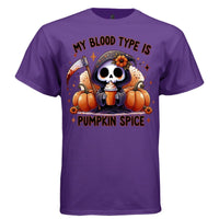 MY BLOOD TYPE IS PUMPKIN SPICE graphic tee black front, cute goth reaper pumpkin spice fall tee Project Hood