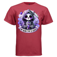 MY BLOOD TYPE IS COFFEE graphic tee navy front, cute iced coffee goth tee for her Project Hood