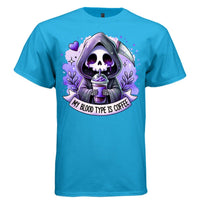MY BLOOD TYPE IS COFFEE graphic tee light steel front, cute reaper iced coffee tee Project Hood