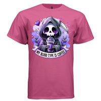 MY BLOOD TYPE IS COFFEE graphic tee white front, cute reaper iced coffee tee for women Project Hood