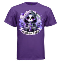 MY BLOOD TYPE IS COFFEE graphic tee black front, cute goth reaper iced coffee tee Project Hood