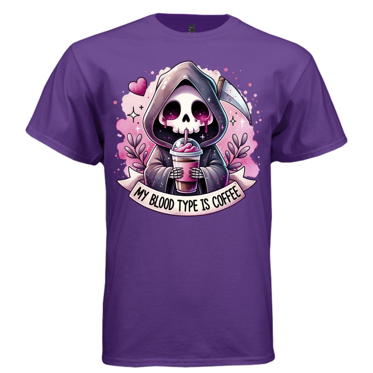 MY BLOOD TYPE IS COFFEE graphic tee black front, cute goth reaper pink coffee tee Project Hood