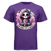 MY BLOOD TYPE IS COFFEE graphic tee black front, cute goth reaper pink coffee tee Project Hood