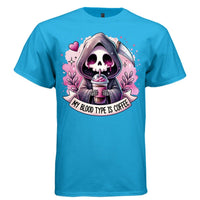 MY BLOOD TYPE IS COFFEE graphic tee light steel front, cute reaper pink coffee tee Project Hood