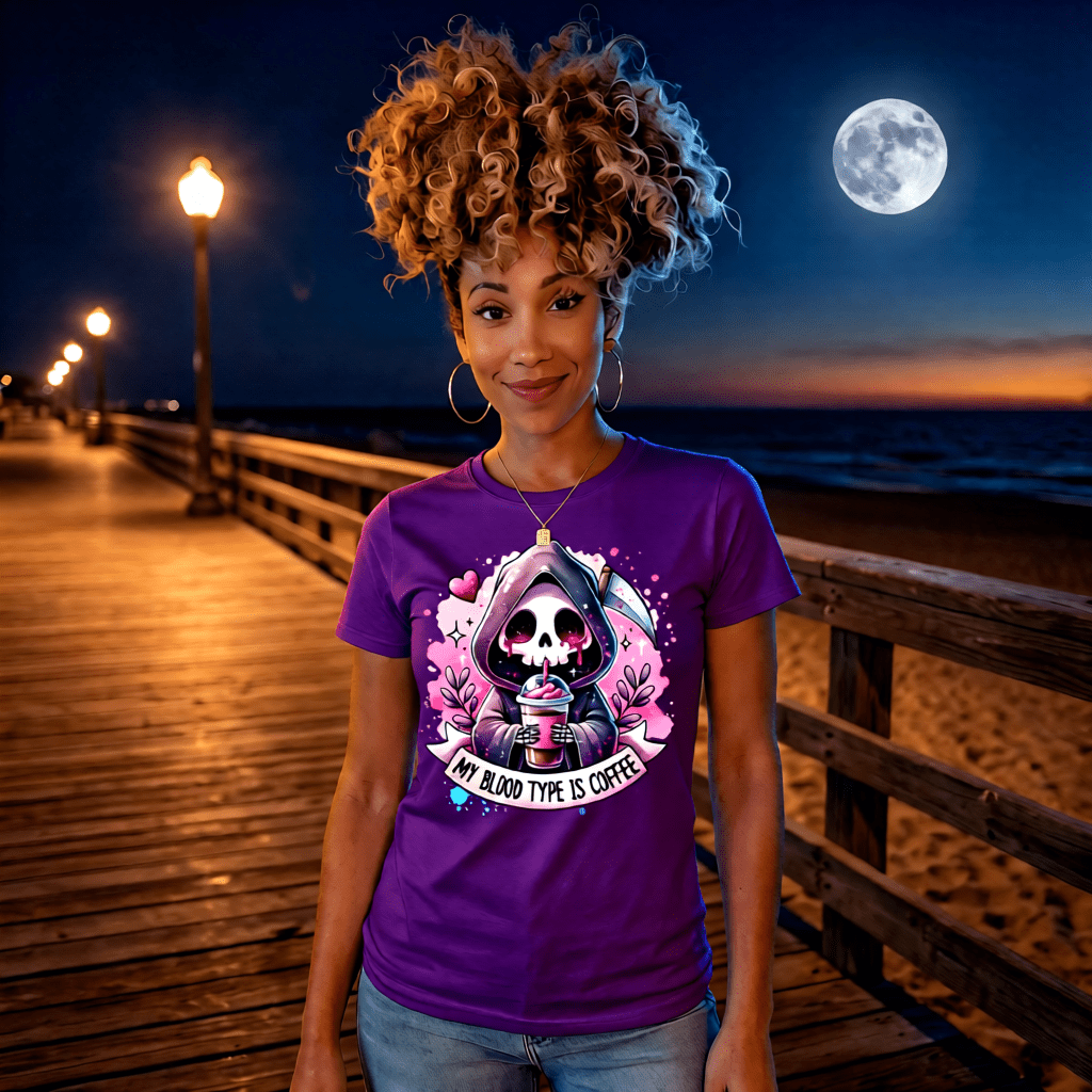 MY BLOOD TYPE IS COFFEE cute pastel goth reaper pink coffee graphic tee for women Project Hood