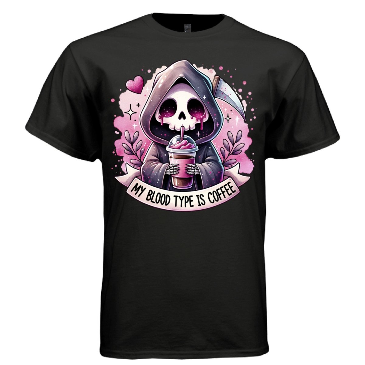 MY BLOOD TYPE IS COFFEE graphic tee sand front, cute pastel goth pink coffee tee Project Hood