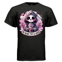 MY BLOOD TYPE IS COFFEE graphic tee sand front, cute pastel goth pink coffee tee Project Hood