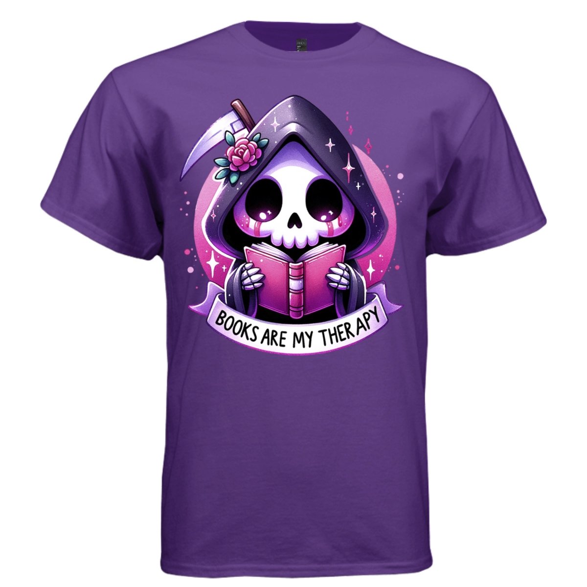 BOOKS ARE MY THERAPY graphic tee black front, cute goth reaper bookish reading tee Project Hood