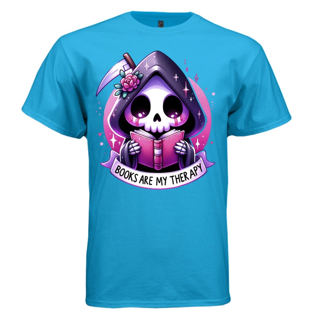 BOOKS ARE MY THERAPY graphic tee light steel front, cute reaper bookish reading tee Project Hood