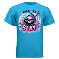 BORN TO SLAY graphic tee light steel front, cute reaper slay confidence tee Project Hood