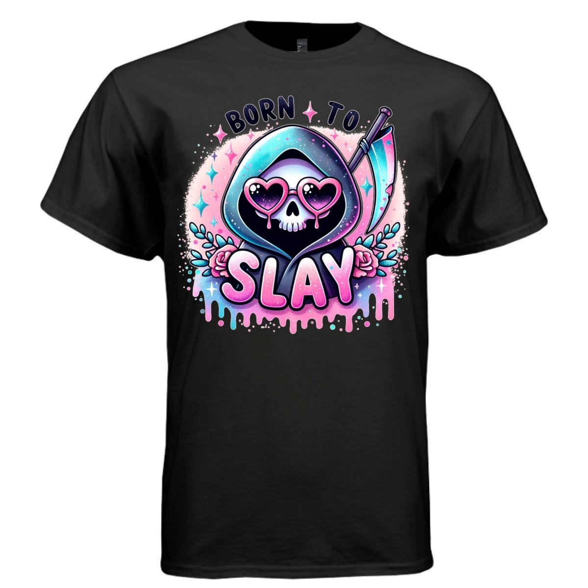 BORN TO SLAY graphic tee sand front, cute pastel goth slay confidence tee Project Hood