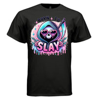 BORN TO SLAY graphic tee sand front, cute pastel goth slay confidence tee Project Hood